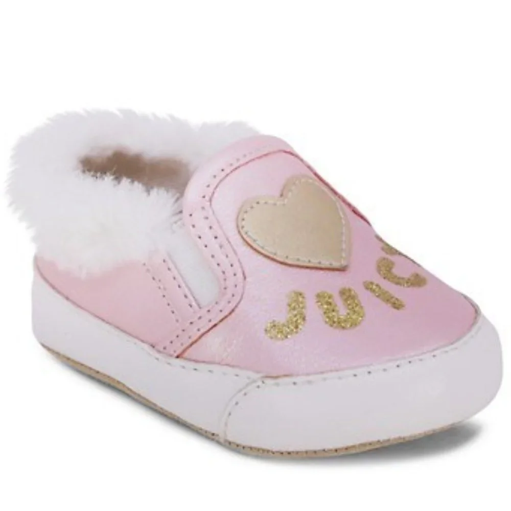 NEW JUICY COUTURE Baby Eureka Faux Fur Trim Gold Glitter Heart Slip On Sneaker